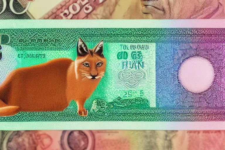 Image similar to one dollar banknote with face of cute caracal on it, photo realistic, ultra detailed, 8k, bokeh, sharp focus