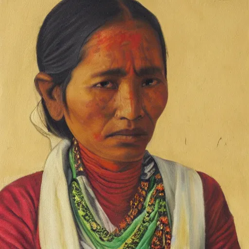 Image similar to a nepali woman wearing a white shawl, sad, bloody, oil painting