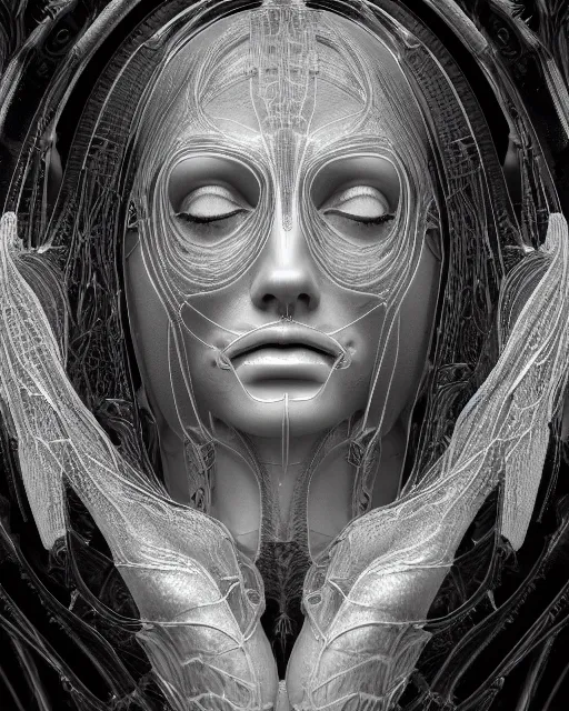 Image similar to mythical dreamy black and white organic bio-mechanical spinal ribbed profile face portrait detail of translucent steampunk beautiful female angelic-human-queen-vegetal-cyborg, highly detailed, intricate trnaslucent ivy jelly ornate, poetic, translucent roses ornate, 3D render, digital art, octane render, 8K artistic photography, photo-realistic, by Dora Maar