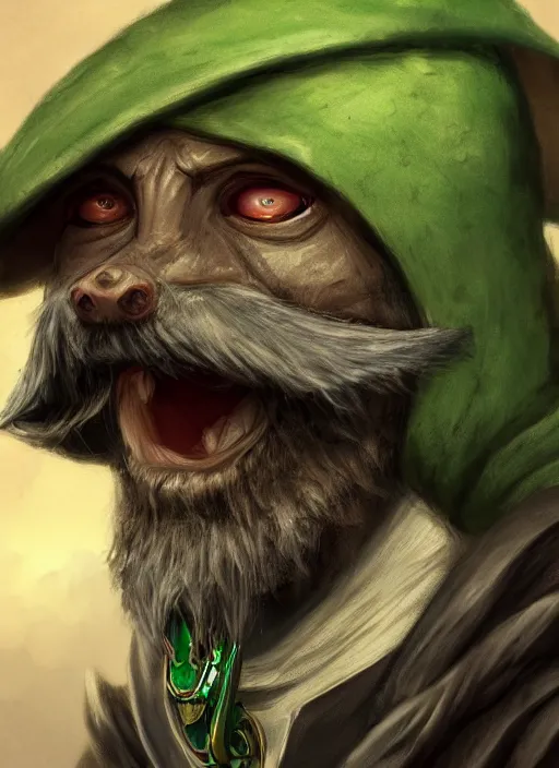 Prompt: humanoid rat with beard, serious, mean eyes, wearing jewelry, tricorne hat, green robe, d & d, digital art, detailed face, highly detailed, trending on artstation, 4 k, sea in the background