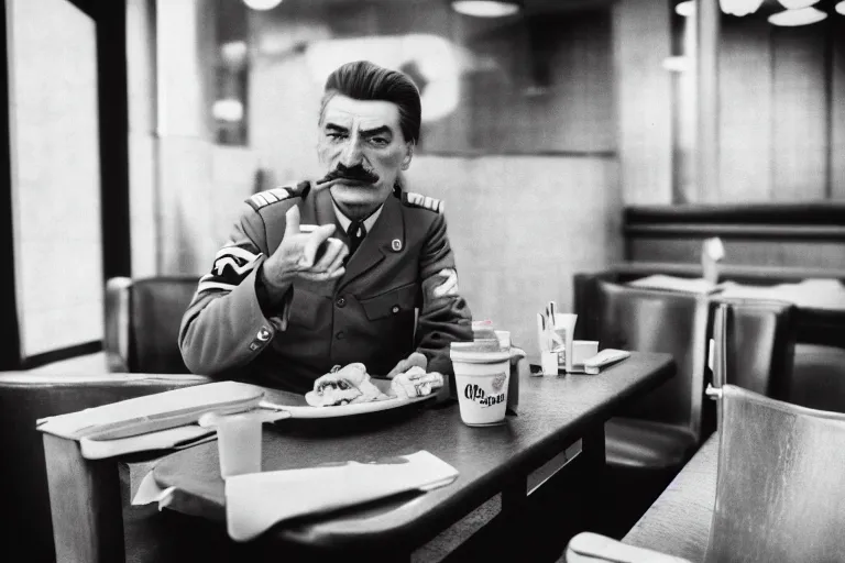 Image similar to a photo portrait of josef stalin in mcdonalds, sigma 2 4 mm f / 8 prize