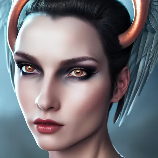 Image similar to perfectly - centered close - up face - portrait of evil fallen angel with long horns wearing a dress, the perfect human female specimen, intricate, elegant, super highly detailed, professional digital painting, artstation, concept art, smooth, sharp focus, no blur, no dof, extreme illustration, unreal engine 5, 8 k, by anne stokes