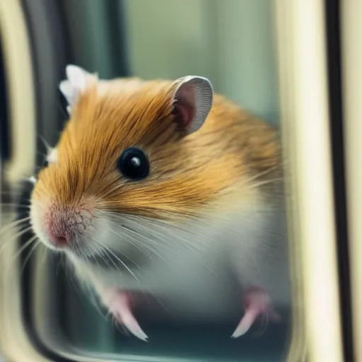 Image similar to photo of a hamster inside a train, looking out of a train window, various poses, unedited, soft light, sharp focus, 8 k