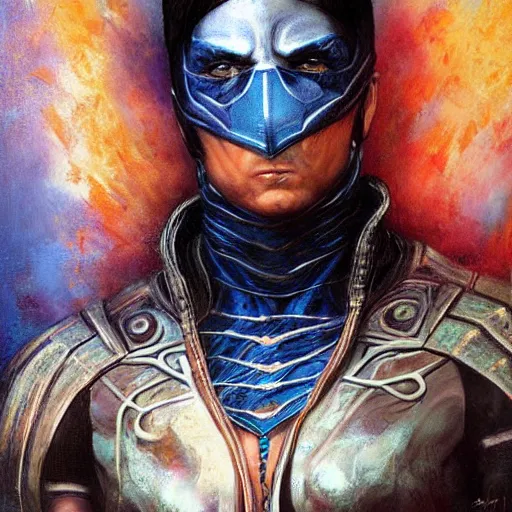 Prompt: Sub Zero (Mortal Kombat), beautiful full body portrait by Karol Bak and jeremiah ketner