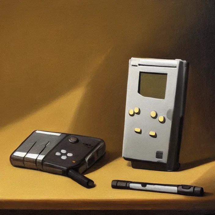 Image similar to still life painting of a gameboy by pieter claesz, oil on canvas, strong lighting, highly detailed, hyper realism, golden hour, god rays, hd, 4 k