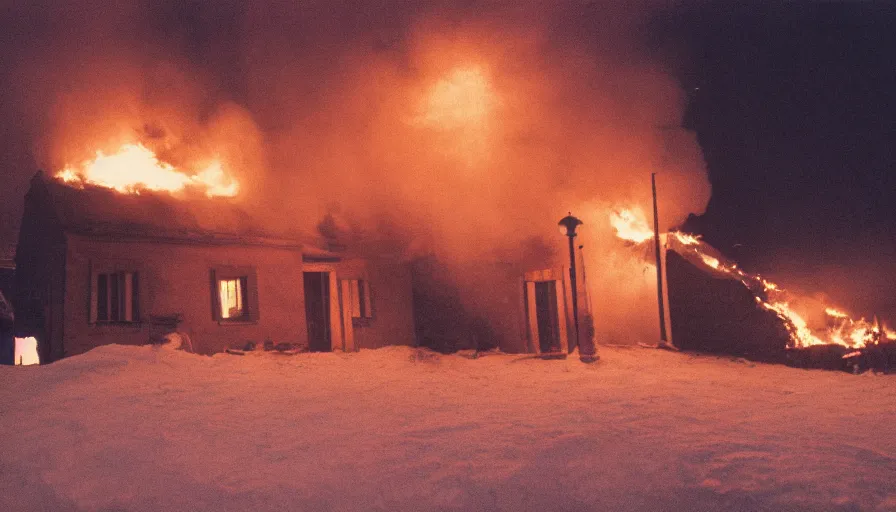 Image similar to 1 9 7 0 s movie still of a heavy burning french style little house in a small northern french village by night in winter, cinestill 8 0 0 t 3 5 mm, heavy grain, high quality, high detail, dramatic light, anamorphic, flares