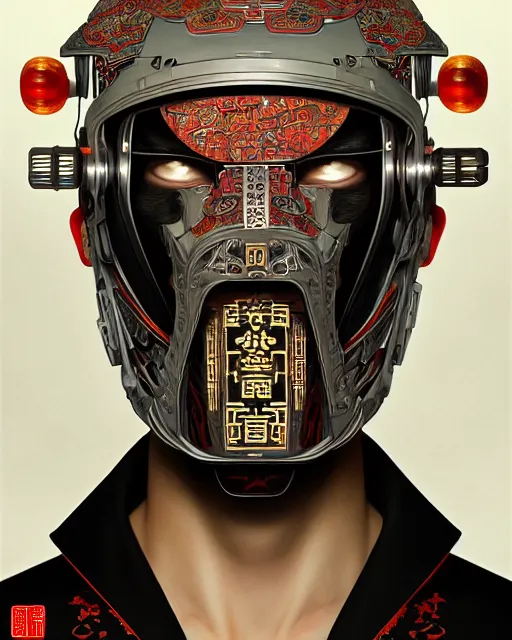 Image similar to portrait of a masculine male cyberpunk machine, machine face, upper half portrait, decorated with chinese opera motifs, asian, fine china, wuxia, traditional chinese art, intricate, elegant, highly detailed, symmetry, headpiece, digital painting, artstation concept art smooth sharp focus, illustration, art by artgerm and greg rutkowski alphonse mucha 8 k