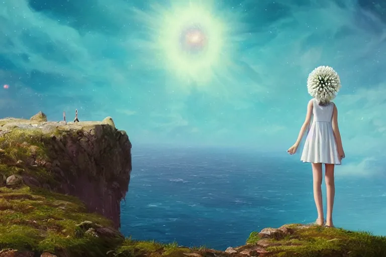 Prompt: giant white daisy flower over head, girl standing on rocky cliff, surreal photography, super nova, milky way, dramatic light, impressionist painting, colorful clouds, digital painting, artstation, simon stalenhag