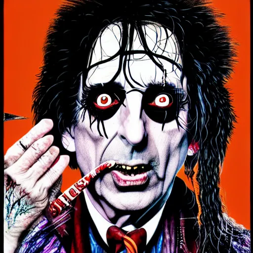 Image similar to graphic illustration, creative design, alice cooper as harry potter, biopunk, francis bacon, highly detailed, hunter s thompson, mixed media