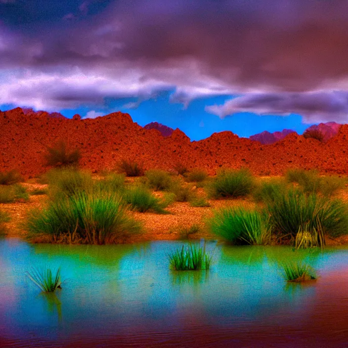 Image similar to hyper realistic, high detail photo of desert oasis monsoon, beautiful, bright lighting