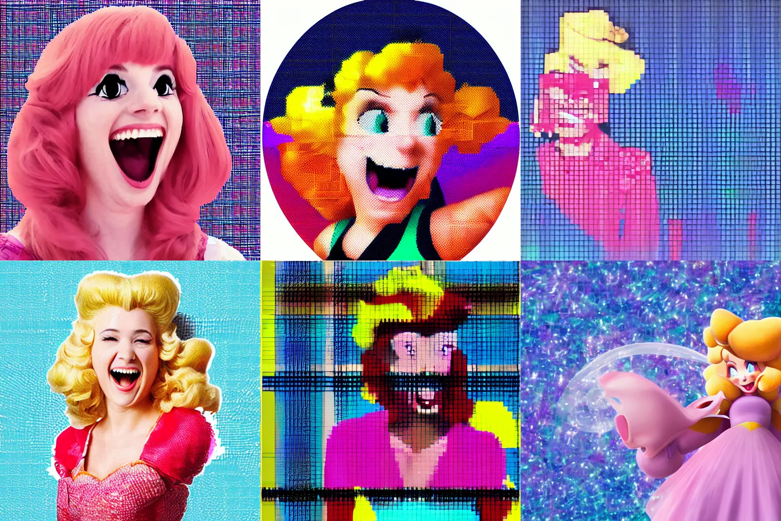 Prompt: Princess Peach laughing, pixelsorting