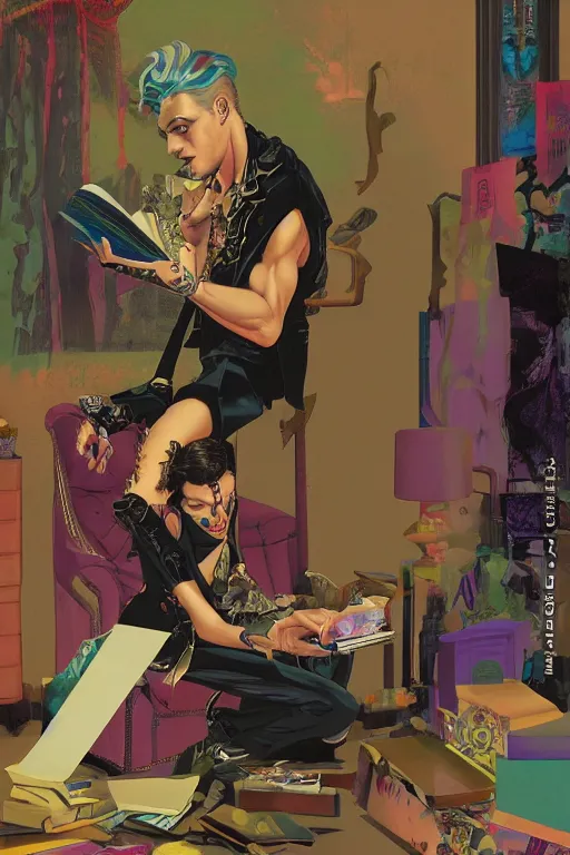 Image similar to goth guy sitting on the floor of a cluttered 9 0 s bedroom reading a book by rolf armstrong, vaporwave colors, lo - fi, concept art, smooth, detailed, toon shading, cel shading, animation, 4 k, hd,