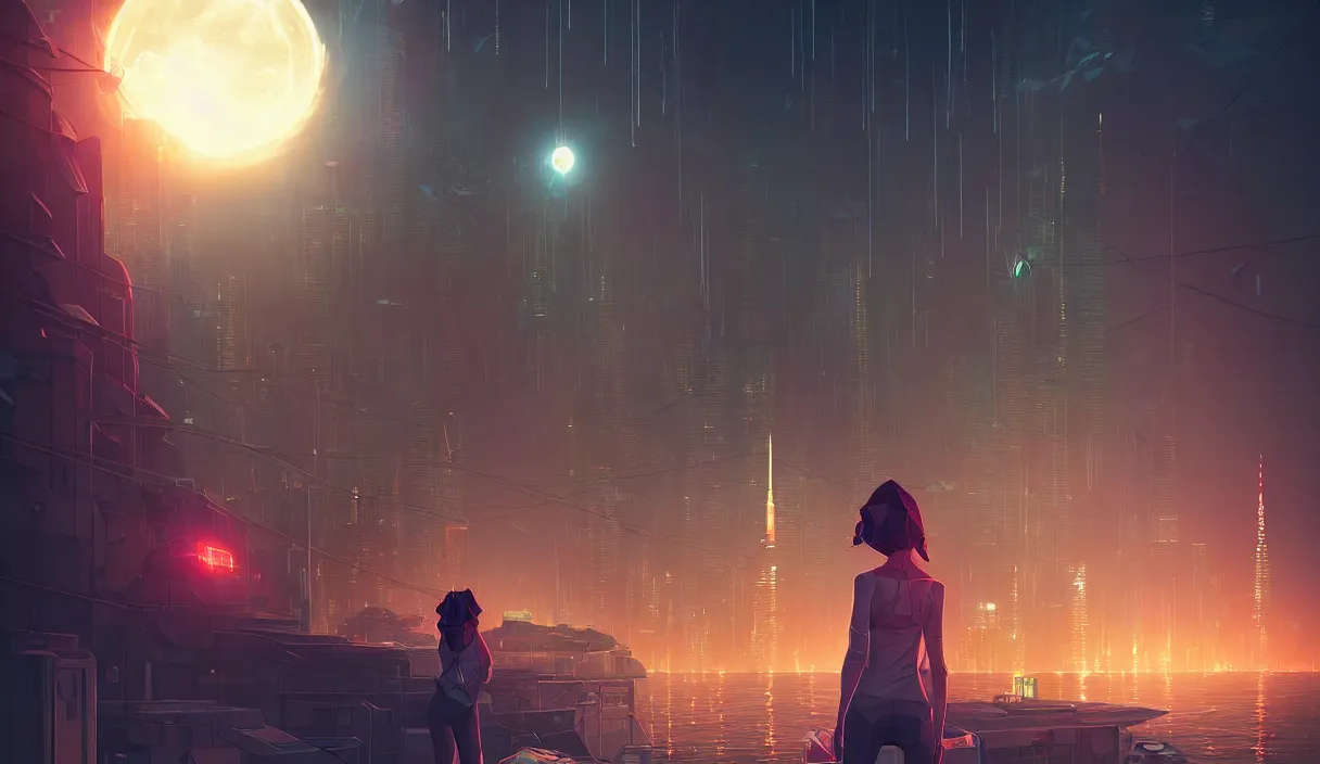 Image similar to girl staring at a meteorite hitting a floating cyberpunk city at night by wlop, low poly art, ultra detailed color art, high detail, digital art