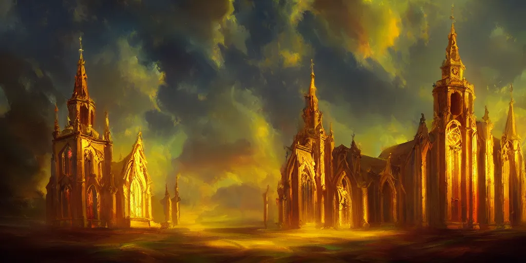 Prompt: a resplendent church in heaven, bright, oil painting of nature, beautiful concept art, trending on artstation