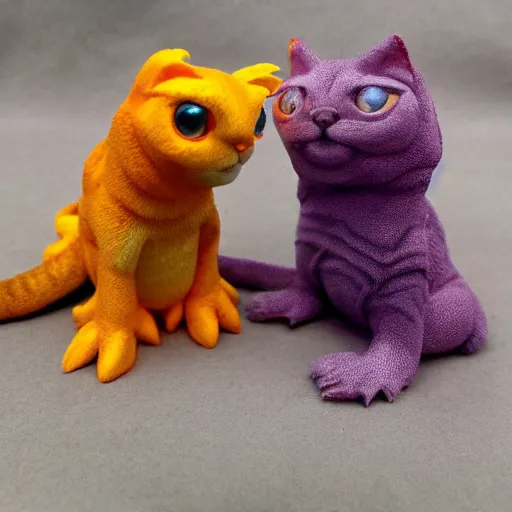 Image similar to tiny adorable purple fantasy dragon cuddles an orange tabby cat, realistic, orange tabby cuddles purple dragon, award - winning photography