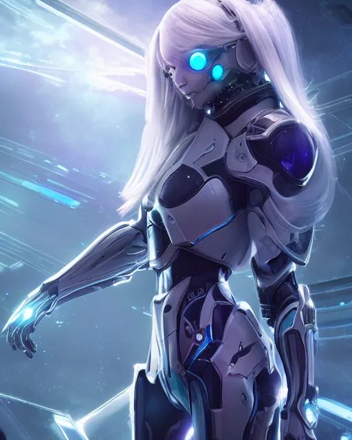 Image similar to perfect android girl on a mothership, warframe armor, beautiful face, scifi, futuristic, galaxy, nebula, raytracing, dreamy, long white hair, blue cyborg eyes, sharp focus, cinematic lighting, highly detailed, artstation, divine, by gauthier leblanc, kazuya takahashi, huifeng huang