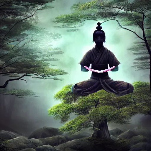 Image similar to magical samurai floating meditating in enchanted forest, digital art, surreal, beautiful, detailed, highly detailed, intricate, powerful warrior, glowing, prismatic, pearlescent