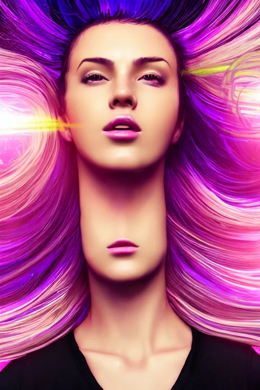 Prompt: a award winning half body portrait of a beautiful woman in a croptop and cargo pants with ombre purple pink teal hairstyle with head in motion and hair flying, surrounded by whirling illuminated lines, outrun, vaporware, shaded flat illustration, digital art, trending on artstation, highly detailed, fine detail, intricate