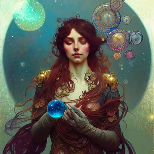 Prompt: Seeking Star Bubbles Cosmic Love, fantasy, intricate, elegant, highly detailed, digital painting, artstation, concept art, smooth, sharp focus, illustration, art by Krenz Cushart and Artem Demura and alphonse mucha