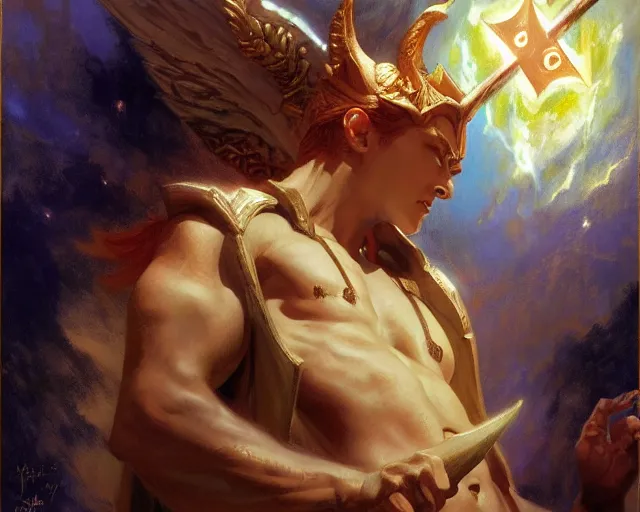 Image similar to attractive pagan male deity, casting chaos magic, summoning handsome lucifer morning star. highly detailed painting by gaston bussiere, craig mullins, j. c. leyendecker 8 k