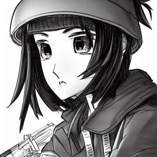 Image similar to manga style, gpen line art, portrait of a girl under artillery fire, trench sandbags in background, soldier clothing, short hair, hair down, symmetrical facial features, from marvel comic, detailed drawing, trending on artstation, by professional mangaka masashi kishimoto and naoki urasaw