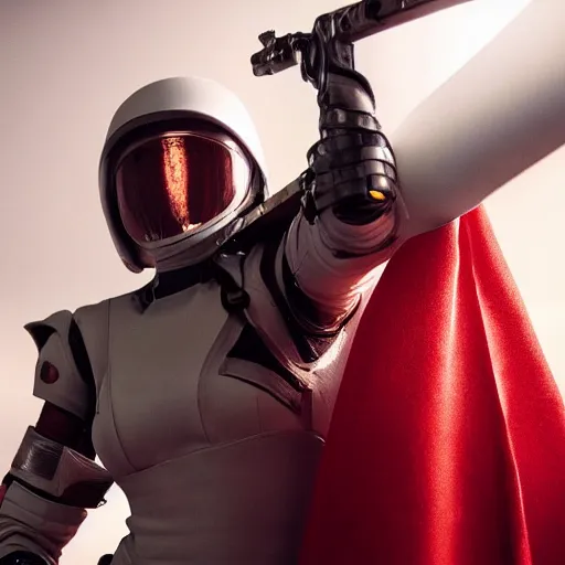 Image similar to a young female soldier, no makeup, wearing glossy sleek white bloodstained dinged scuffed armor and a long torn red cape, heroic posture, determined expression, elegant, no helmet, on the surface of mars, dramatic lighting, cinematic, sci-fi, hyperrealistic, detailed