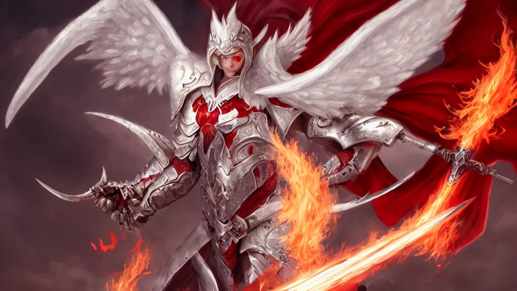 Image similar to male angel flying over hell, flame sword, white metallic armor, red cape, detailed arms, intricate white armor, two arms, two legs, detailed fanart, rpg art, d&d art, macro art, digital art, DeviantArt, artstation, 8k HD