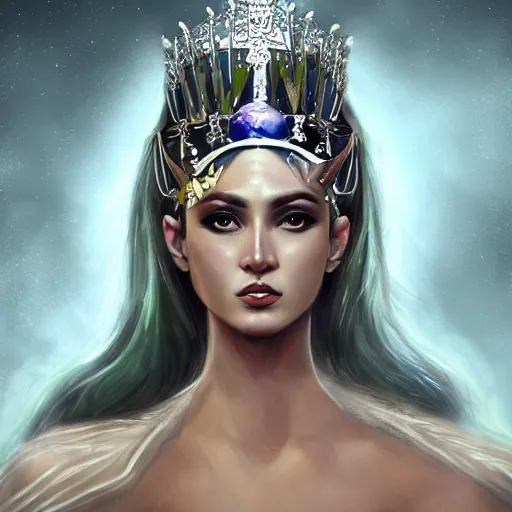 Image similar to Artemixel, the modern reincarnation of the old selenium god of hunt and moon, also known as Artemis or Selene, carrying the Crown of the Crescent Moon, wich has a bright and slightly bluish crescent like the brightness of the night. Portrait trending on Artstation, digital art, concept art