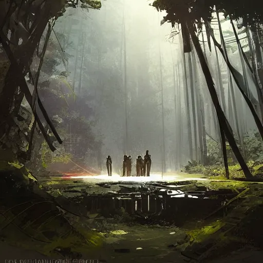 Image similar to star wars concept art by greg rutkowski, a brutalist military base of the galactic alliance in the middle of a jungle near to a lake, cinematic midday light, heroic atmosphere, artstation hq.