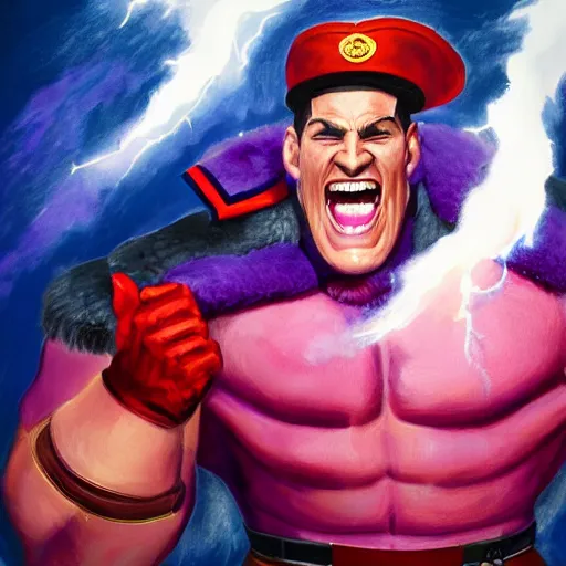 Image similar to M. Bison laughing with big white smile, full body portrait, surrounded by purple lightning, highly detailed painting, concept art