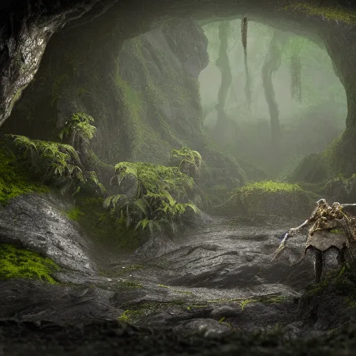 Prompt: watcher embrace in the rain, in dark cave, overgrown, moss, unreal engine render