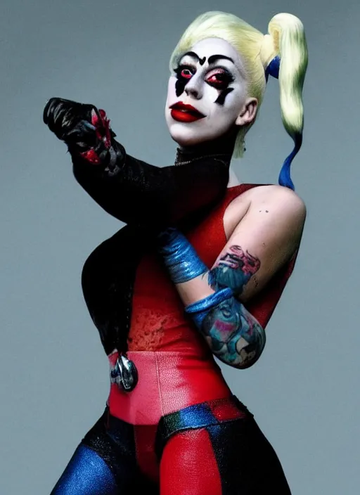 Prompt: portrait of Lady Gaga portraying Harley Quinn while dancing in the movie Joker 2023, dramatic cinematic lighting, extremely detailed facial features, award winning photograph by Annie Leibovitz, 8k