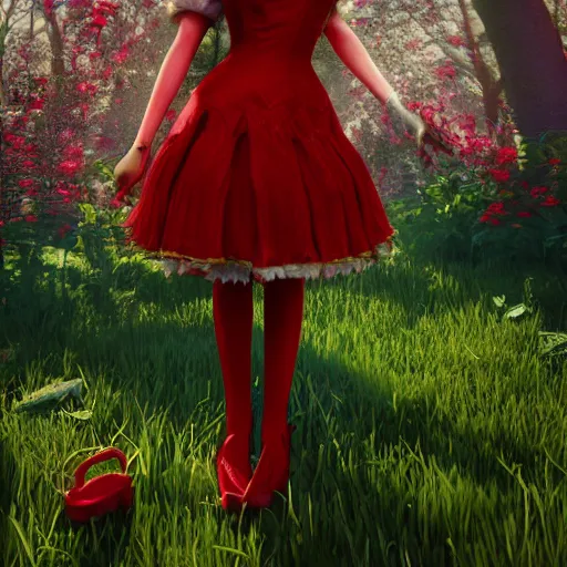 Image similar to red head queen, alice in wonderland theme, disney photo realistic, full body, octane render, 8 k, unreal engine, hd, cinematic lighting