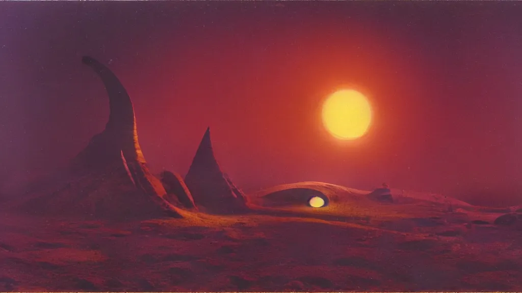 Image similar to mysterious sculpture of an alien crescent moon by paul lehr and john schoenherr, cinematic matte painting