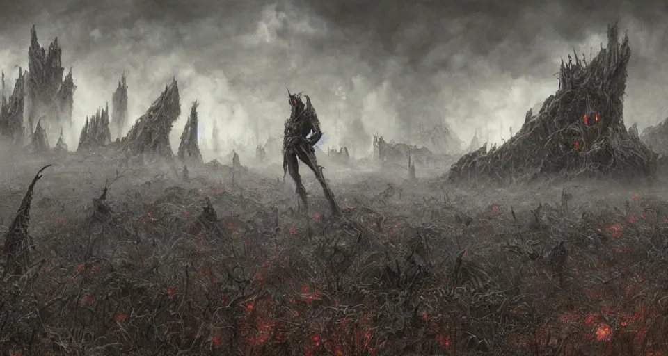 Prompt: lamatsu prowling on the abandoned wasteland, wide shot, epic, dark fantasy, beksinski, wayne barlowe, warhammer fantasy art, lord of the ring art, dark soul concept art