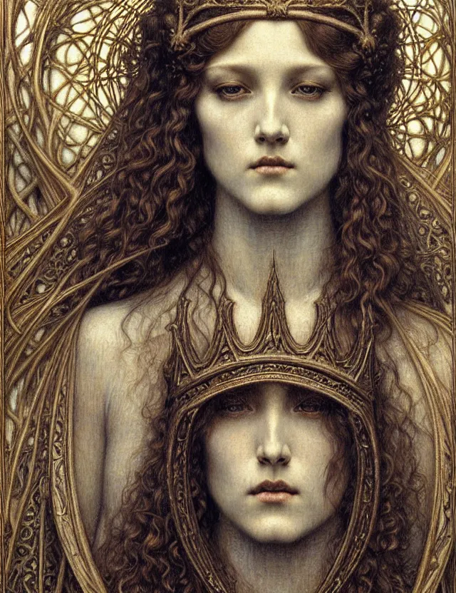 Image similar to detailed realistic beautiful young medieval queen face portrait by jean delville, gustave dore and marco mazzoni, art nouveau, symbolist, visionary, gothic, pre - raphaelite. horizontal symmetry