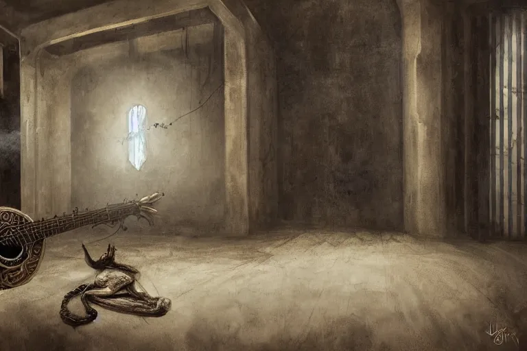 Image similar to still life painting, musical instument alone - a lute with smoke wisping up from its smoldering string, cursed baroque with ebony inlay, designed by brian froud and hr giger leans against the wall alone, abandoned. an empty brutalist chamber, lonely, somberlate afternoon lighting cinematic fantasy painting by jessica rossier