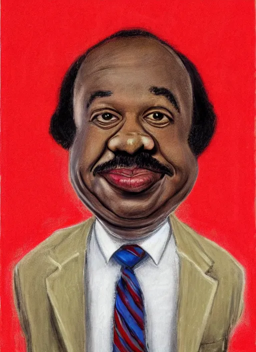 Image similar to ( ( ( caricature of leslie david baker as stanley hudson of the office television series ) ) ) by igor kazarin, pastels, head to waist, light coming from the right side, red background,