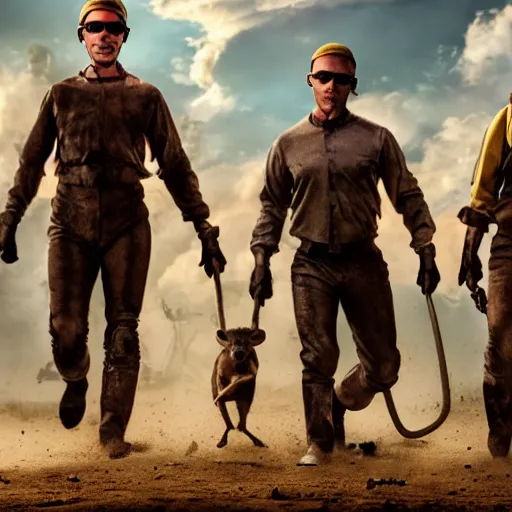 Image similar to 3 blind mice in cinematic race with horses of the apocalypse