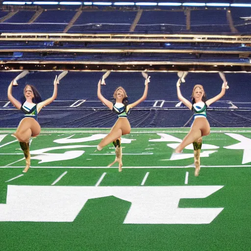 Prompt: Three goats doing a kickline at AT&T stadium on the football field