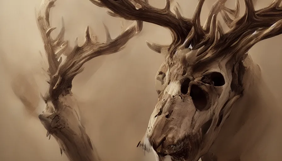 Image similar to deer skull mask ultra detailed fantasy, extremely detailed, jama jurabaev, greig fraser, roger deakins, shaddy safadi, feng shu, neil blevins, trending on artstation, high quality, brush stroke