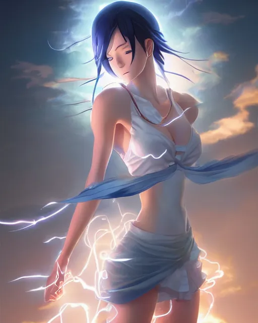 Image similar to the goddess of lightning, full shot, atmospheric lighting, detailed face, one piece style, by makoto shinkai, stanley artgerm lau, wlop, rossdraws