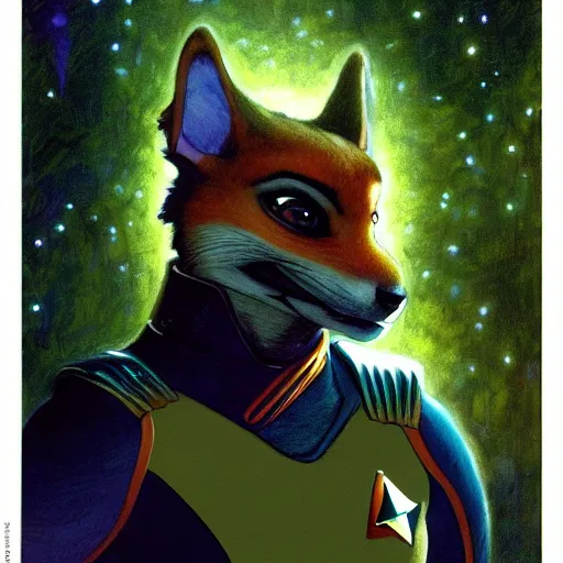 Image similar to a portrait of an female canine alien scales in starfleet uniform at night in a dark forest. zootopia fursona furaffinity furry art detailed face painting by gaston bussiere craig mullins jc leyendecker gustav klimt artgerm greg rutkowski furry