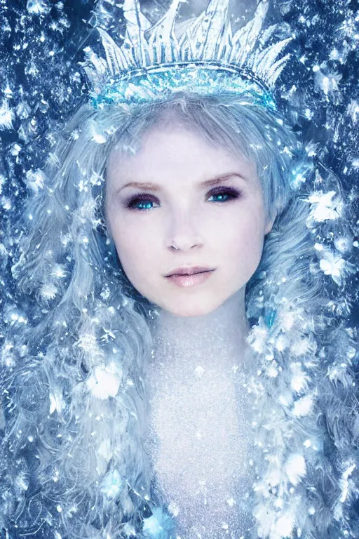 Image similar to realistic photograph of ice queen covered in ice crystals, highly detailed,