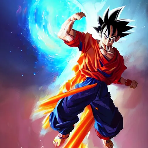 Image similar to goku x luffy fusion, detailed, by greg rutkowski, digital anime art