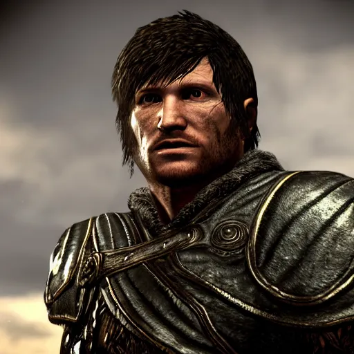 Image similar to character screenshot of michael bisping, npc talking, skyrim, wilderness, 1 0 8 0 p, bokeh, elder scrolls v, detailed, dialog text, eyepatch