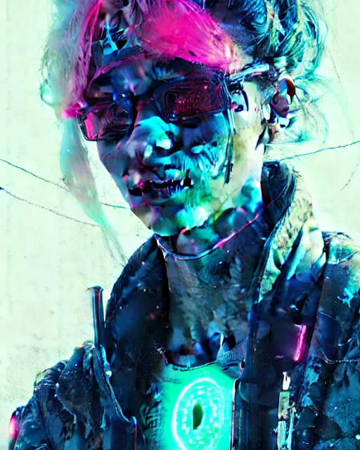 Prompt: detailed portrait neon operator lady, very messy blonde bun, cyberpunk futuristic, neon, reflective puffy coat, decorated with traditional japanese by ismail inceoglu dragan bibin hans thoma greg rutkowski alexandros pyromallis nekro rene margitte, illustrated, perfect face, fine details, realistic shaded, fine - face, pretty face