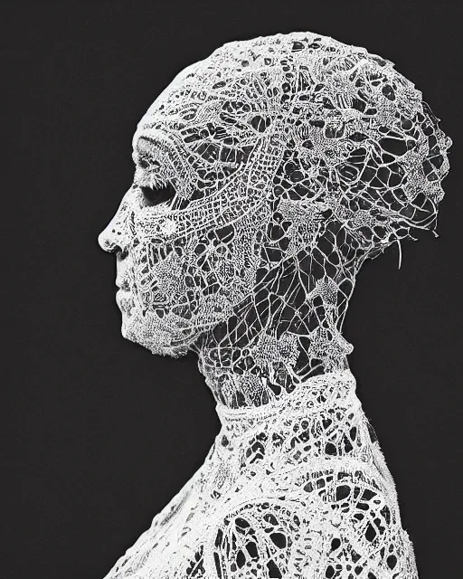 Prompt: a woman's face in profile, made of intricate decorative lace skeleton, in the style of the dutch masters and gregory crewdson, dark and moody