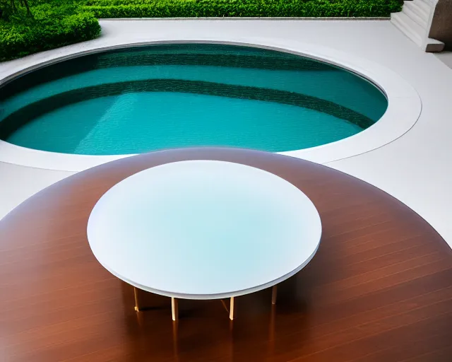 Prompt: 5 5 mm photo of tall cocktail glass on a zen minimalist round white table with gorgeous pool in the background. highly detailed 8 k. intricate. lifelike. soft light,