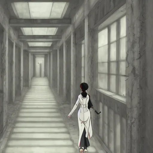 Image similar to a creepy woman walking through a bright white staircase with many doors and hallways, mc escher architecture, very detailed background, epic composition, anime key visual, anime style, by makoto shinkai